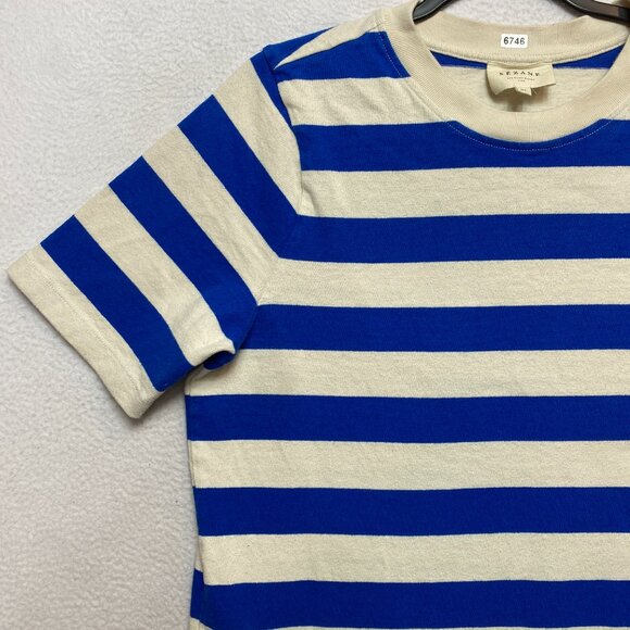 SEZANE Dress Womens XL Blue Cream EMY Stripes Button Shoulder Maxi - Picture 9 of 15